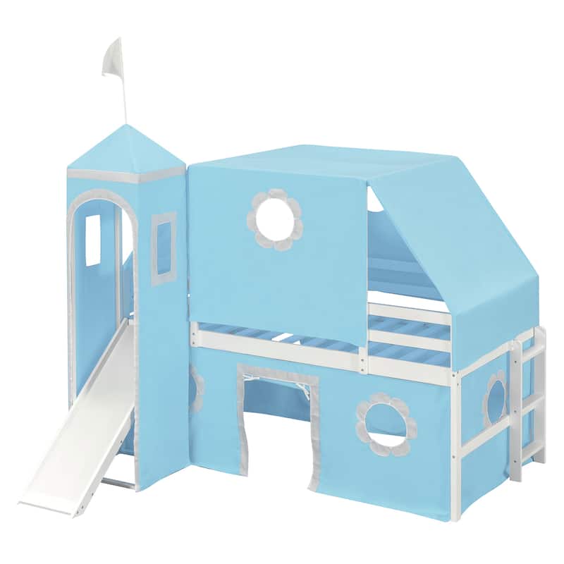 Twin Playhouse Loft Bed with Bed Tent and Semi-enclosed Underbed Space