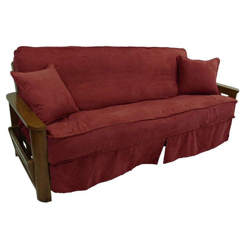 Microsuede Full-Size 8-10 Inch Thick Futon Slip Cover Set with Two Throw Pillows - Full - Red Wine