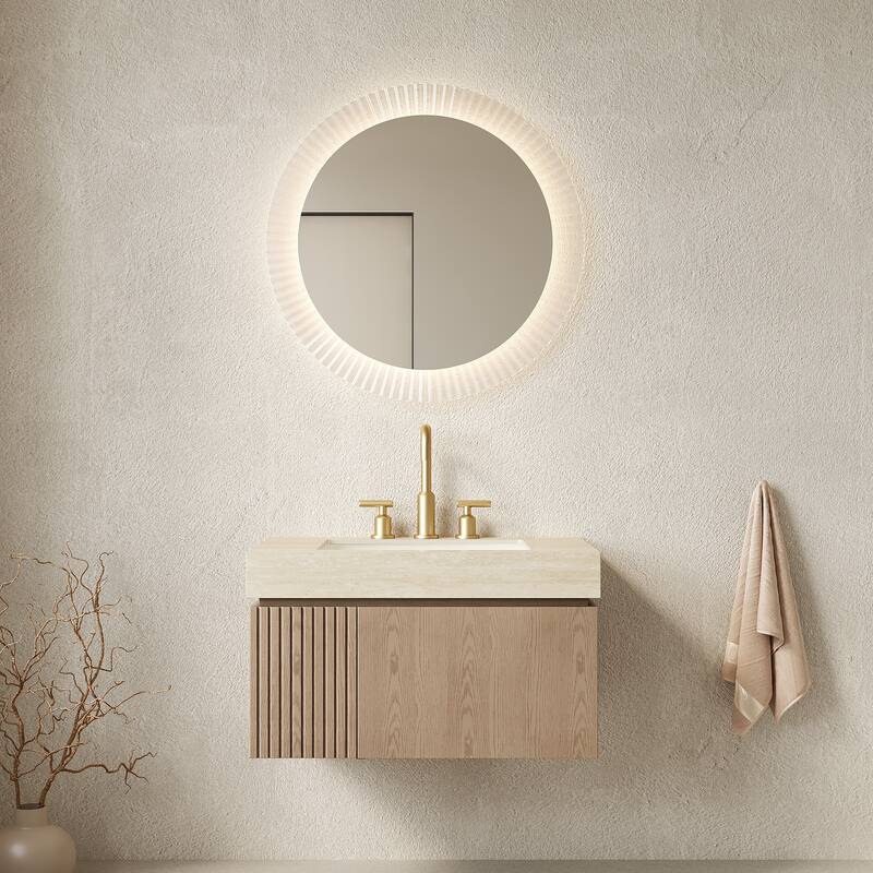 Floating Bathroom Vanity with Undermount Ceramic Basin with 3 Pre-drilled Faucet Holes - Beige and Light Brown - 29.92'' x 18.9'' x 17.72''