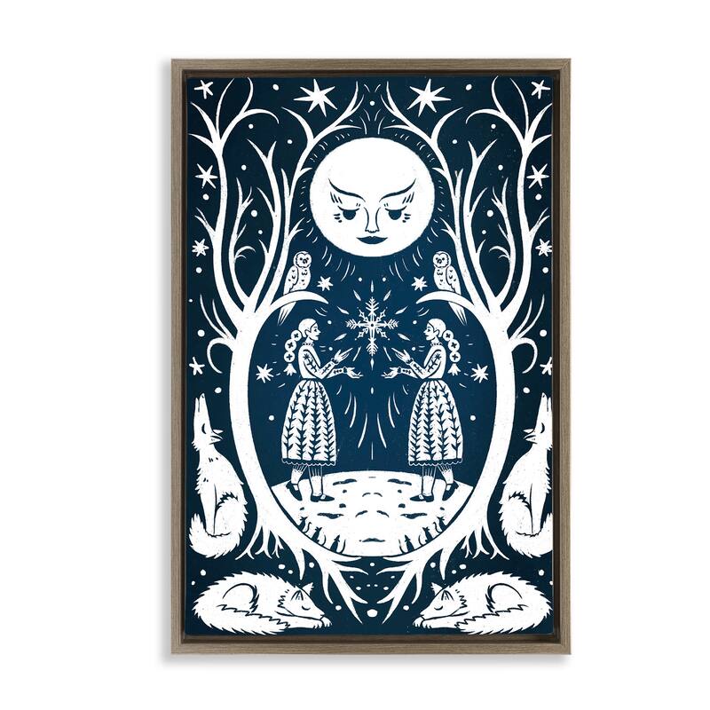 Stupell Woodland Folk Girls with Moon Framed Floater Canvas Wall Art Design By Hannah Moren - 17 x 25 - Brown