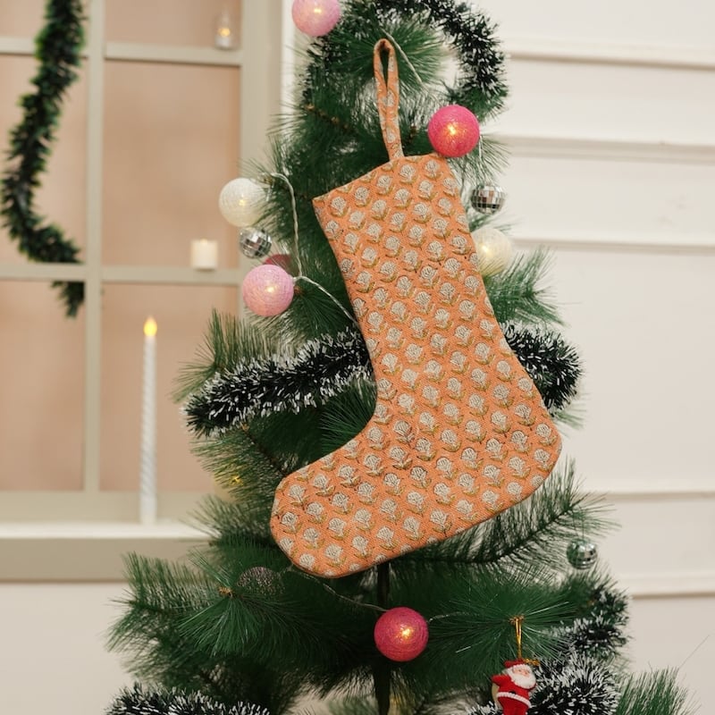 Fabdivine Hand Block Floral Print Christmas Knit Stockings, Home Decorative Gift Use - 16"X6.5"