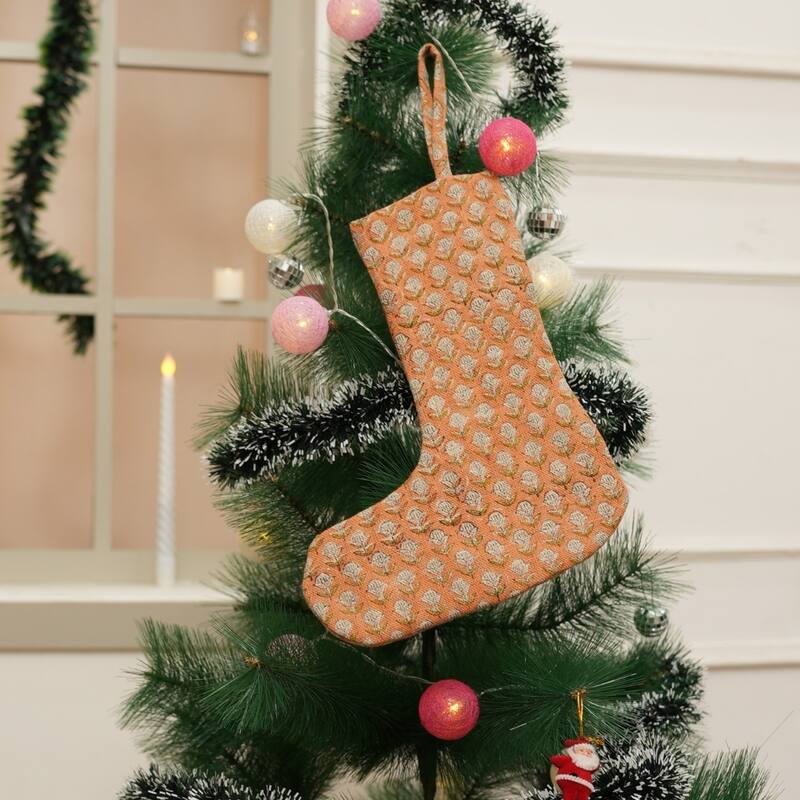 Fabdivine Handmade Linen Floral Block Print Christmas Stocking Home Décor Perfect for Gift - 10"X4.5"