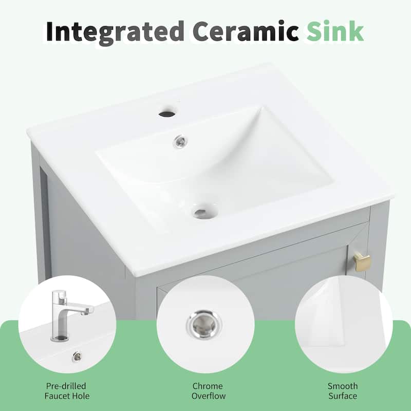 20" Freestanding Bathroom Vanity with Sink, Cabinet, Drawer & Two-Tier Storage Rack, White Finish