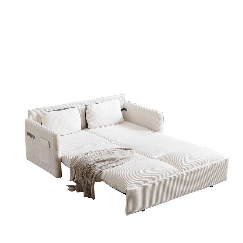 65" Corduroy 2-Seater Sleeper Sofa, 3-in-1 with Storage and Side Pocket