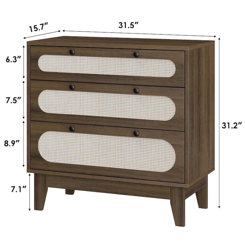 3 Drawer Wood Dresser with Rattan Accents, Modern Wood Storage Chest