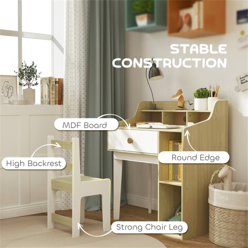 Kids Desk and Chair Set with Storage Shelves and Drawer MDF White and Natural Wood for Study and Art Projects Ages 3 to 10