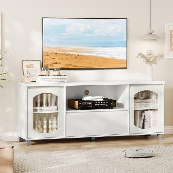 Modern TV Stand for 65 Inch TV, TV Cabinet with Fluted Glass Door 