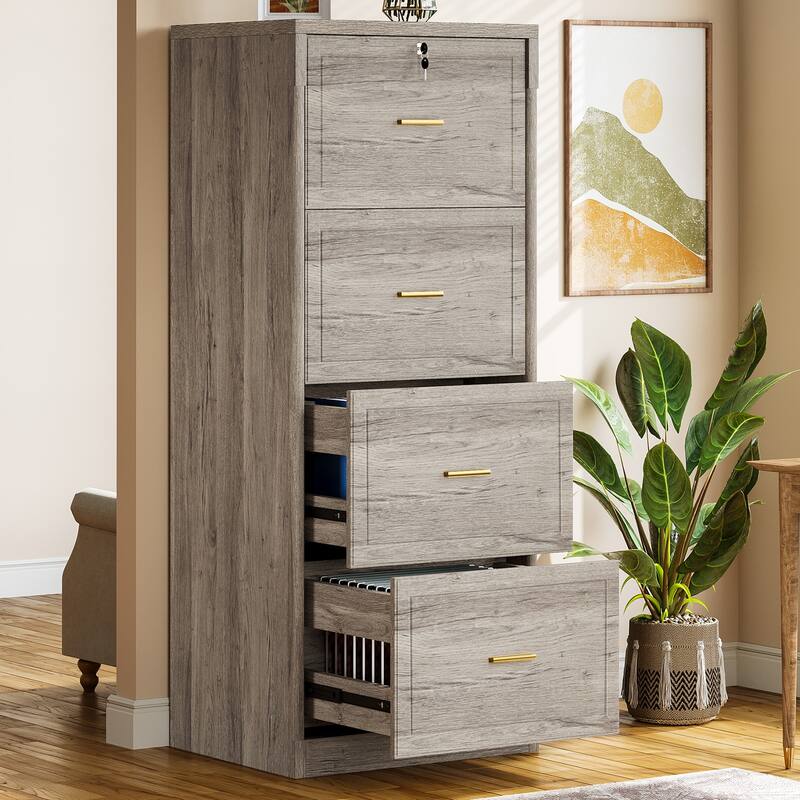 4-Drawer File Cabinet with Lock and Key, Vertical Wooden Filling Cabinet for A4/Letter/Legal Size Files