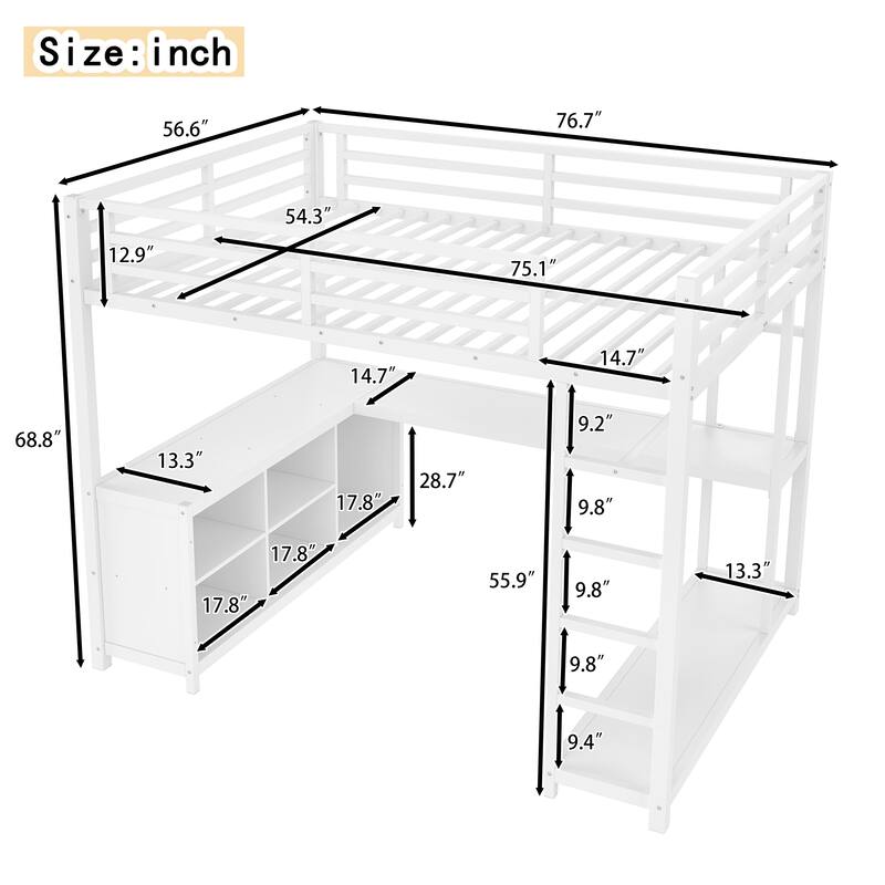 Metal Loft Bed with Wardrobe and L-shaped Desk, Full Size Loft Bed with Storage Cubes and Shelves