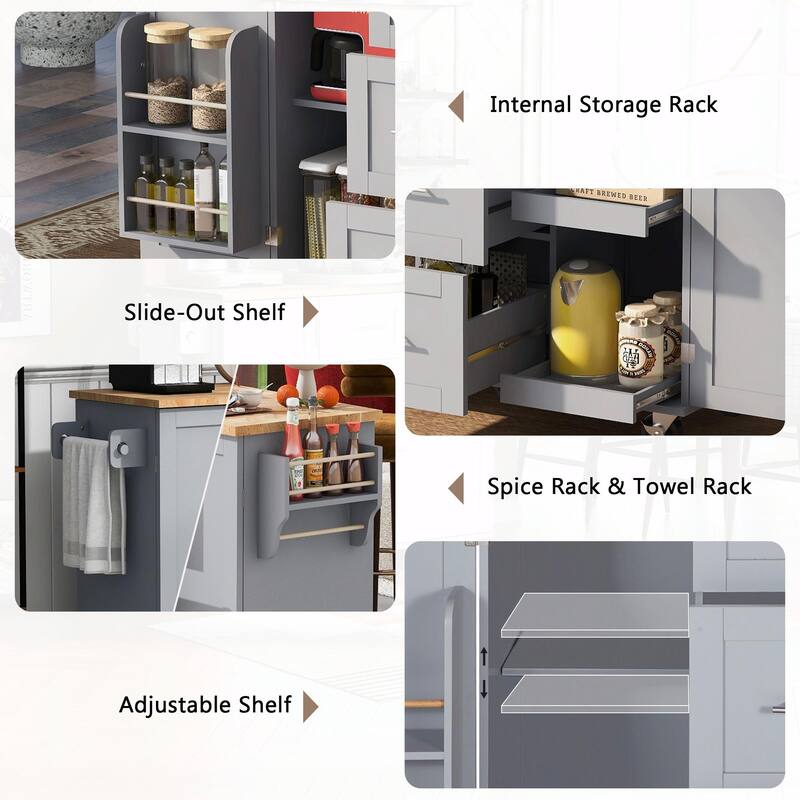 Rolling Kitchen Island with Rubber Wood Top, Drawers, Shelves, Internal Storage, Wheels, Spice & Towel Racks