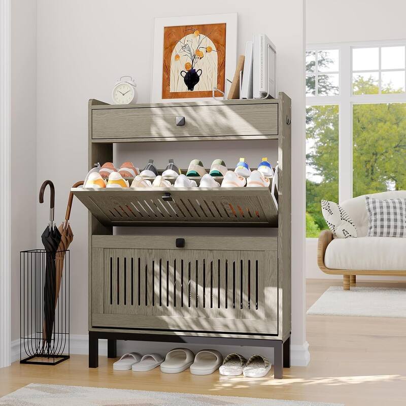 Freestanding 2 Flip Drawer Shoe Cabinet Organizer for Entryway, Hallway, Living Room