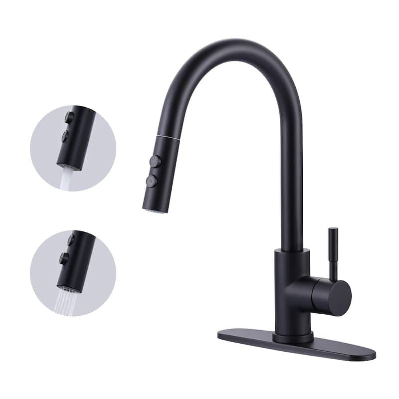 WOWOW Single Handle Pull Down Sprayer Kitchen Faucet - Without Soap Dispenser - Black