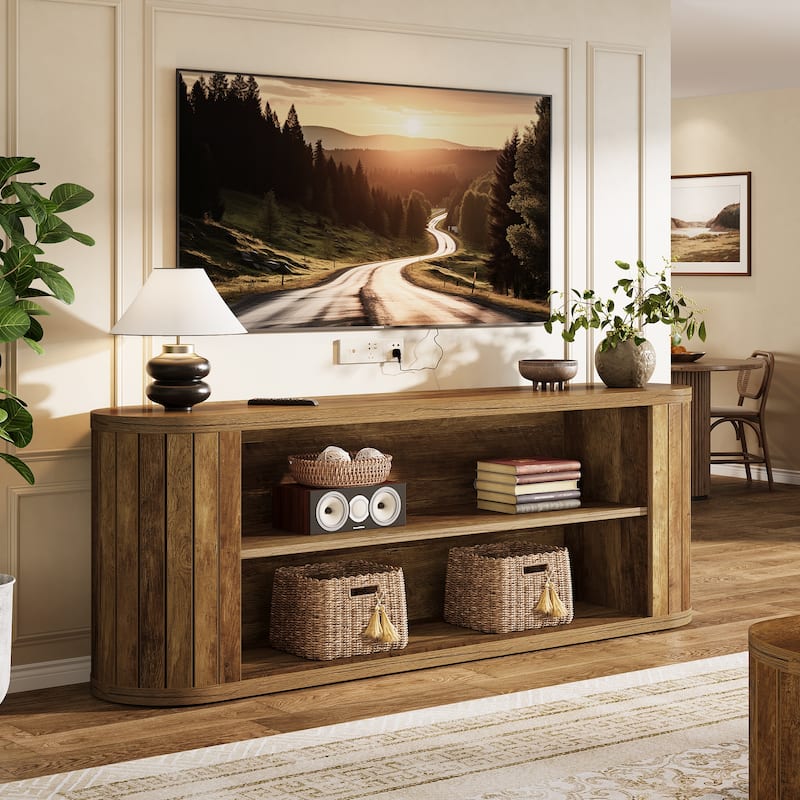 63" Farmhouse Entertainment Center with 3-Tier Storage Shelf - Brown