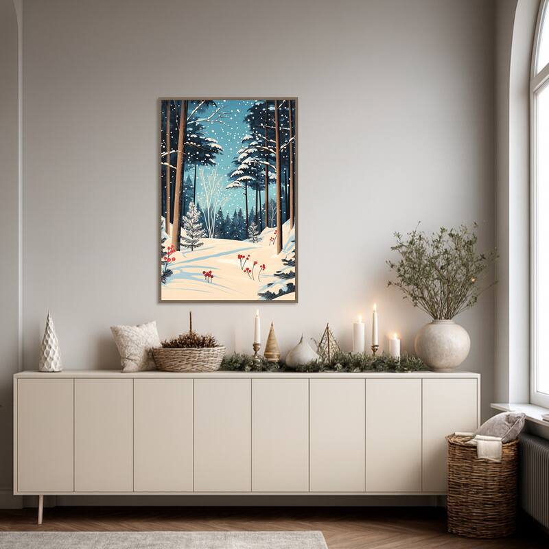 Christmas Snowy forest by Pictufy Studio Framed Canvas Wall Art Print - Sylvie Dark Gold