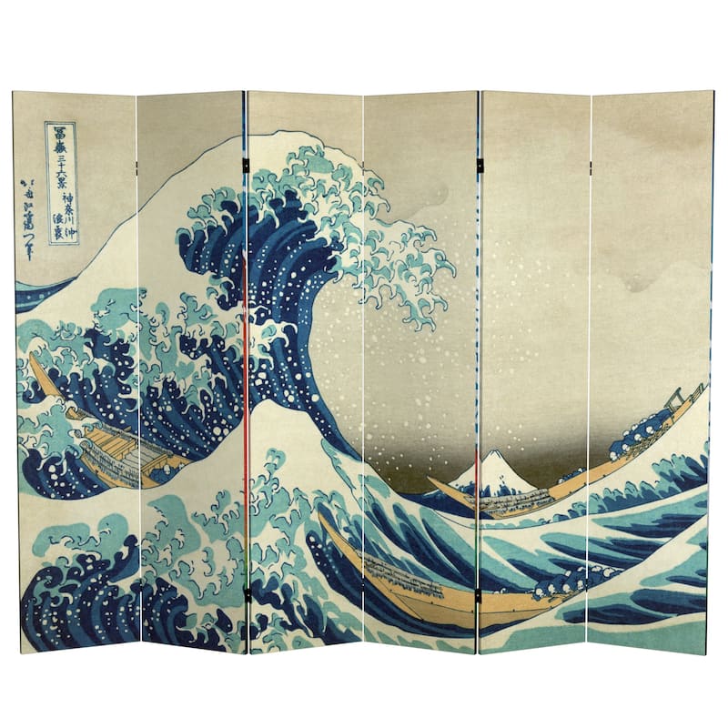 6-foot Tall Double-sided Great Wave and Red Fuji Hokusai Room Divider
