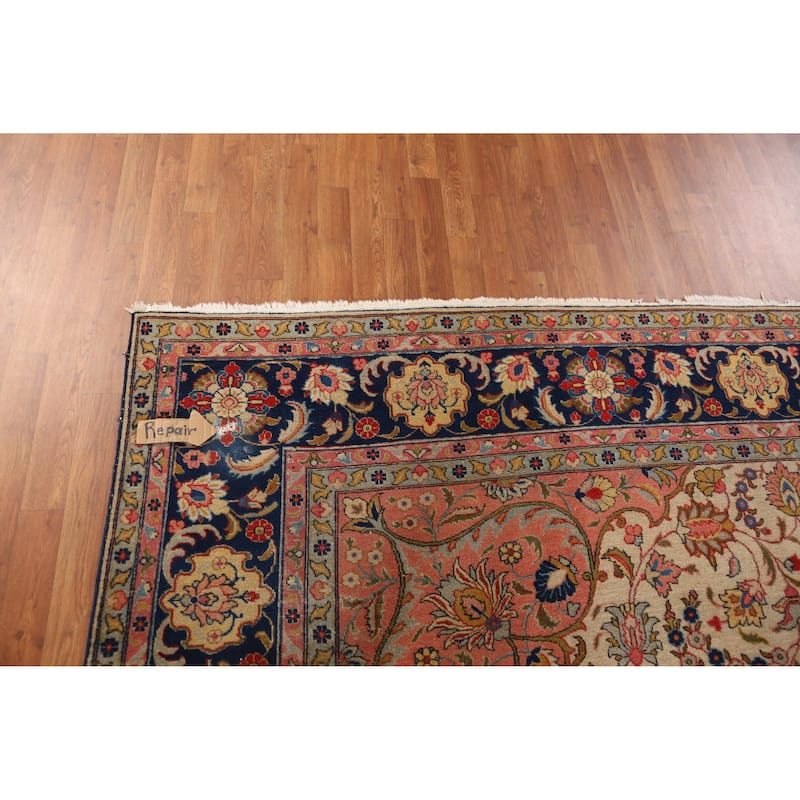 Hand Knotted Oriental 100% Wool Carpet Traditional Medallion Beige & Ivories Tabriz Area Rug - 12' 11'' X 10' 0''