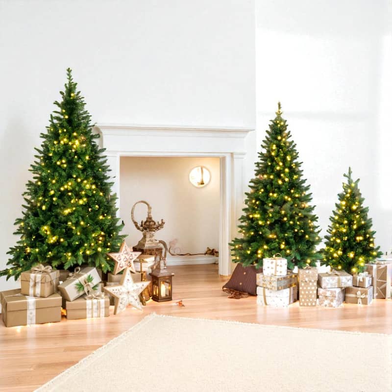 Set of 3 Pre-Lit Green Pine Christmas Trees 4ft 6ft 8ft, 820 LED Lights, Hinged PVC Holiday Decor