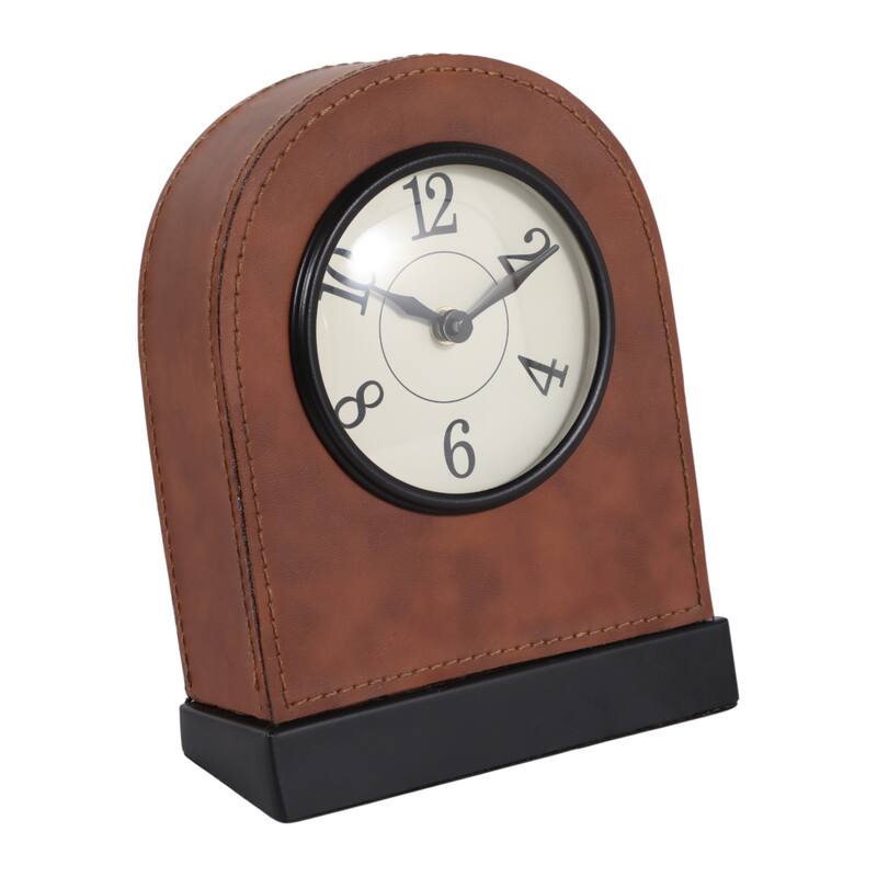 Iron Faux Leather Desk Clock Modern Casual - 8" Brown/White - 6.25" x 2.25" x 8.25"