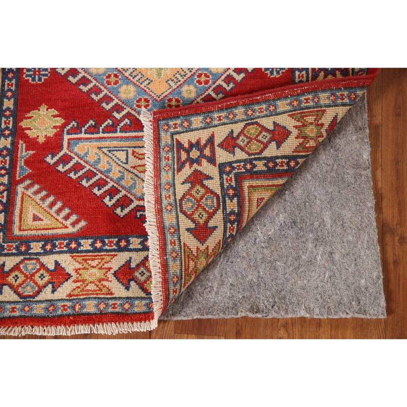 Geometric Kazak Oriental Accent Rug Hand-Knotted Red Wool Carpet - 2'7"x 3'8"