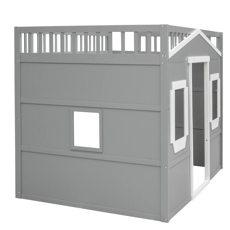 Solid Wood House Loft Bed with Window Design and Ladder, Twin/Full Size Playhouse Bed Loft Bed Frame with Guardrail for Kids