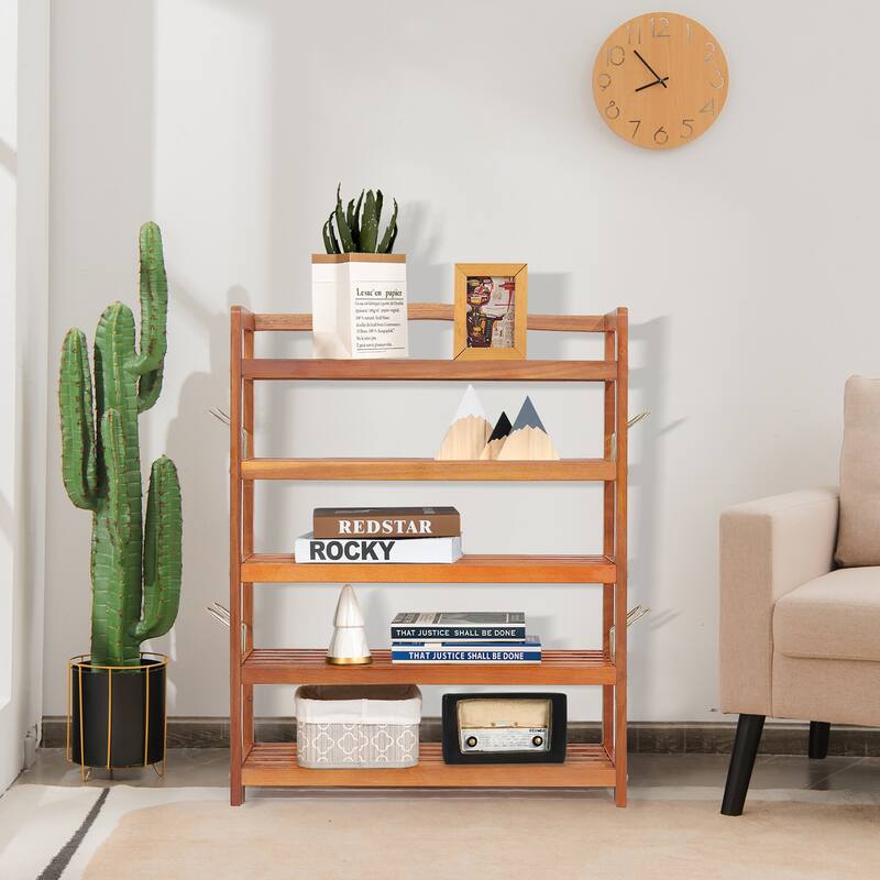 Costway 5-Tier Wood Shoe Rack Solid Acacia Wood Shoe Shelf with Side