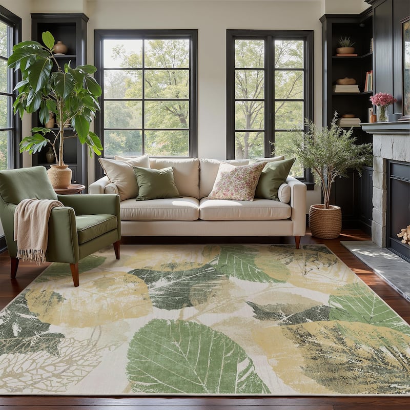 Mcow Leaf Collection Botanical Print Low-Pile Washable Area Rug - Green - 6' x 9' - Rectangle