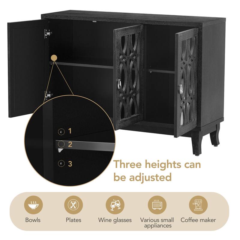 Sideboard with Glass Doors, 3 Door Mirrored Buffet Cabinet with Silver Handle for Living Room, Hallway, Dining Room