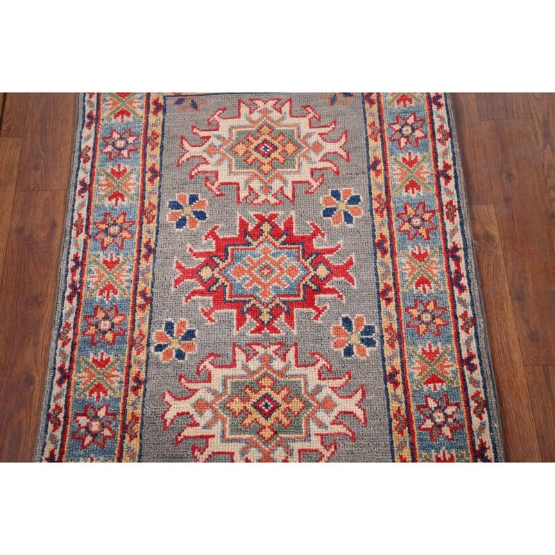 Gray Geometric Kazak Oriental Foyer Rug Hand-Knotted Wool Carpet - 2'0" x 3'0"