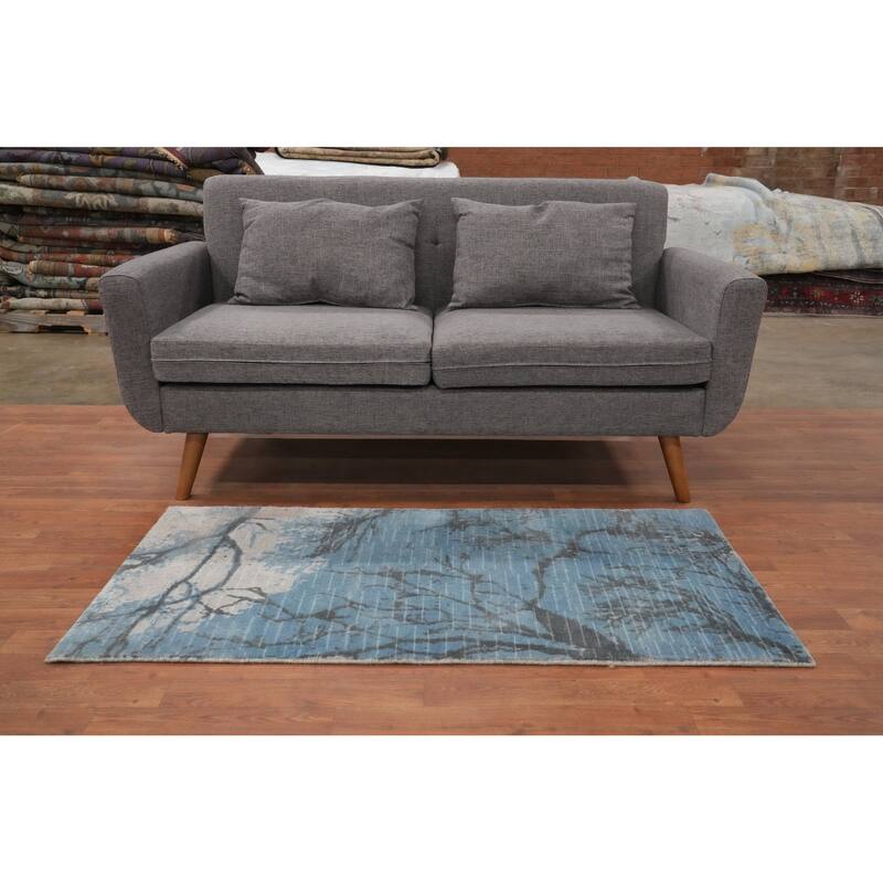 Hand Knotted Oriental Viscose Silk Carpet Modern Abstract Navy Blue & Blues Abstract Runner Rug - 4' 8'' X 2' 4''