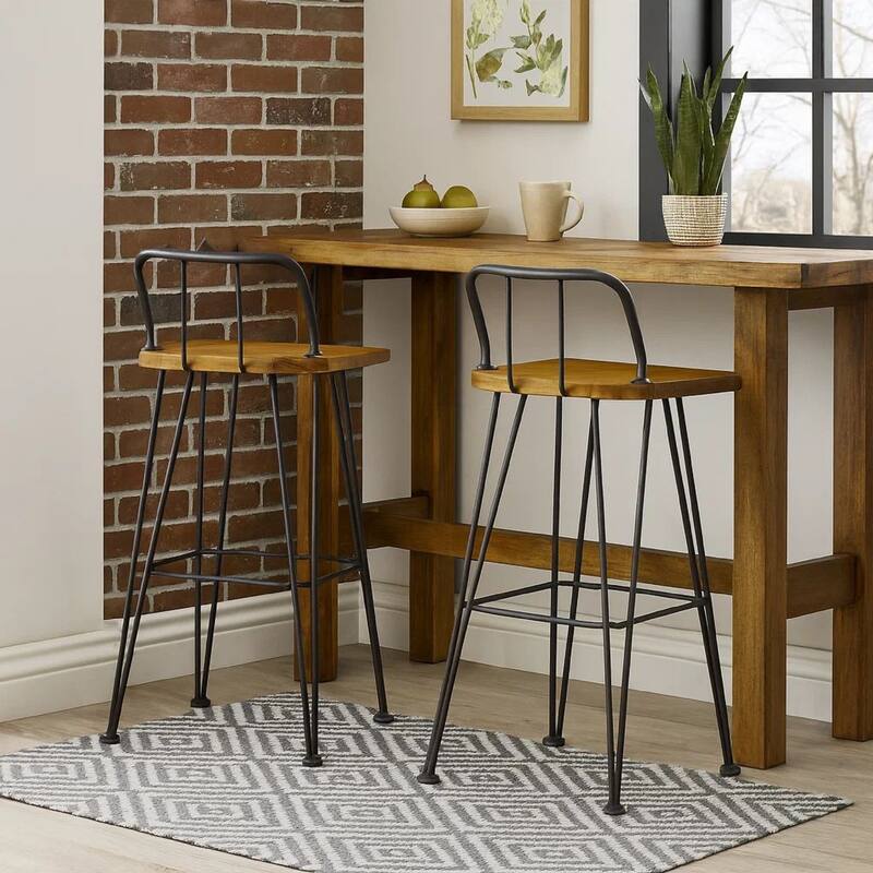 Rih Barstool Low Back Chair Set of 2, Black Metal, Brown Acacia Wood