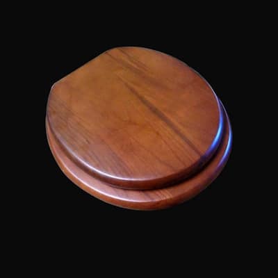 Light Mahogany Wooden Round Toilet Seat with Brass PVD Hinges and Non Slip Bumper