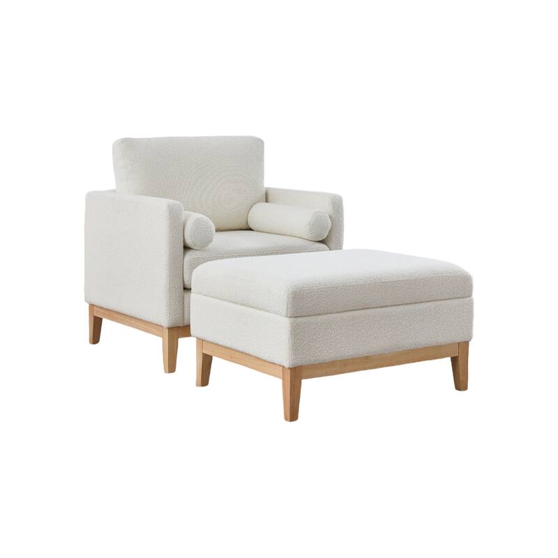 35" Farmhouse Style Boucle Single Sofa Accent Chair with Storage Footstool, Natural Wood Legs for Living Room, Office