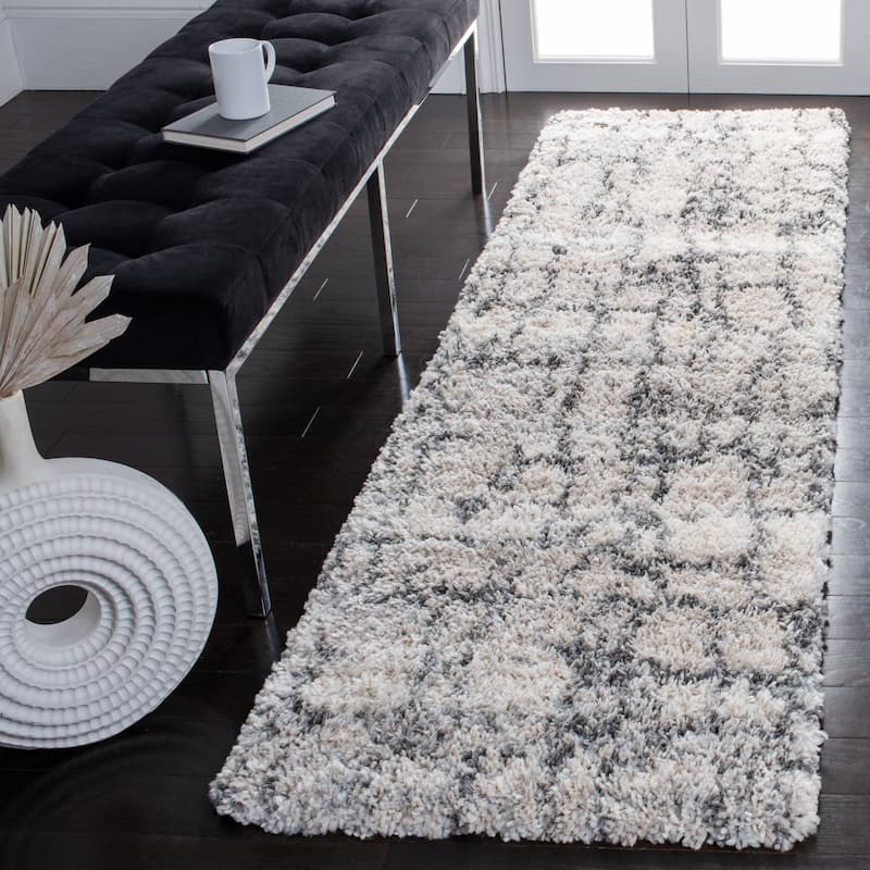 SAFAVIEH Fontana Shag Leftera Modern Abstract 2-inch Thick Rug - 2'3" x 12' Runner - Ivory/Grey