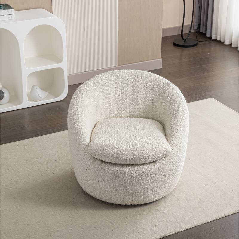 Modern 31" Boucle Upholstered Barrel Chair with 360° Swivel and Round Metal Base