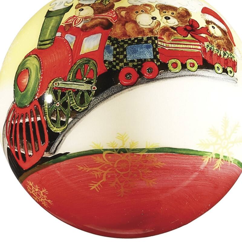 Teddy on Toy Train Hand Painted Mouth Blown Glass Ornament - 4" x 4" x 4"