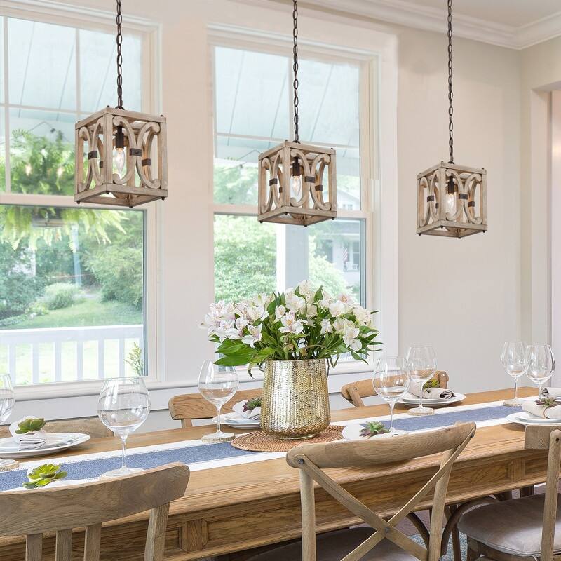 Modern Farmhouse 1-Light Wood Lantern Chandelier Cage Island Light for Dining Room - D8'' x H72''