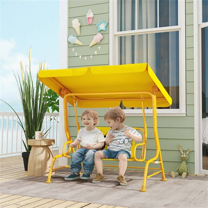 Yellow Steel Kids Swing Chair with Adjustable Canopy and Safety Seatbelt - 44.1" L x 29.5" W x 47.2" H