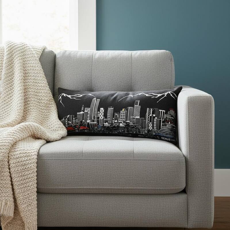 HomeRoots 14" X 35" Dark Gray And White Denver Nighttime Skyline Lumbar Decorative Pillow
