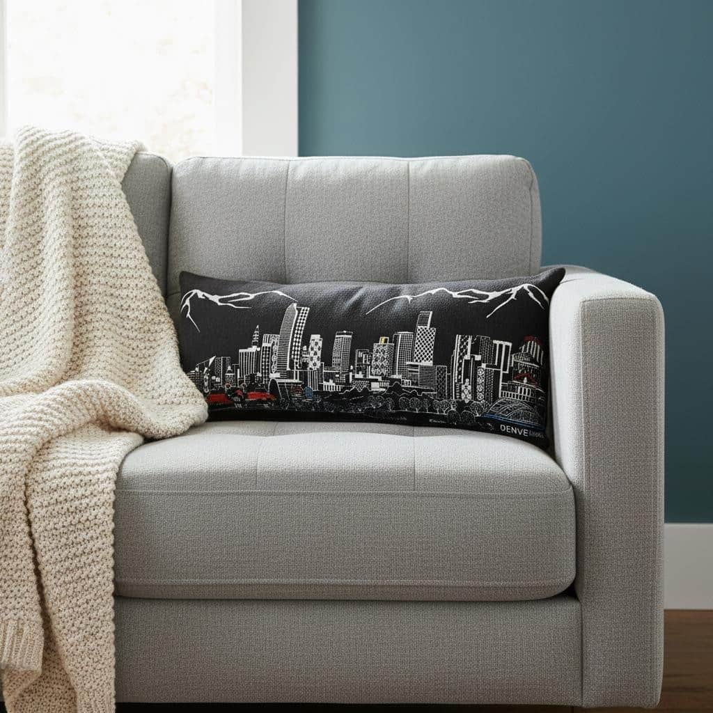 HomeRoots 14" X 35" Dark Gray And White Denver Nighttime Skyline Lumbar Decorative Pillow