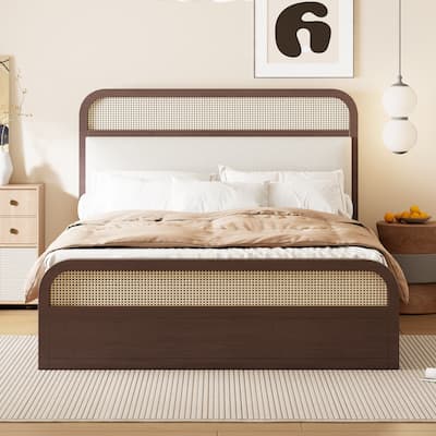 Classic Queen Platform Bed with Trundle and 2 Drawers, Boho Style Rattan Bed Frame with Upholstered Headboard, Wood Slat Support