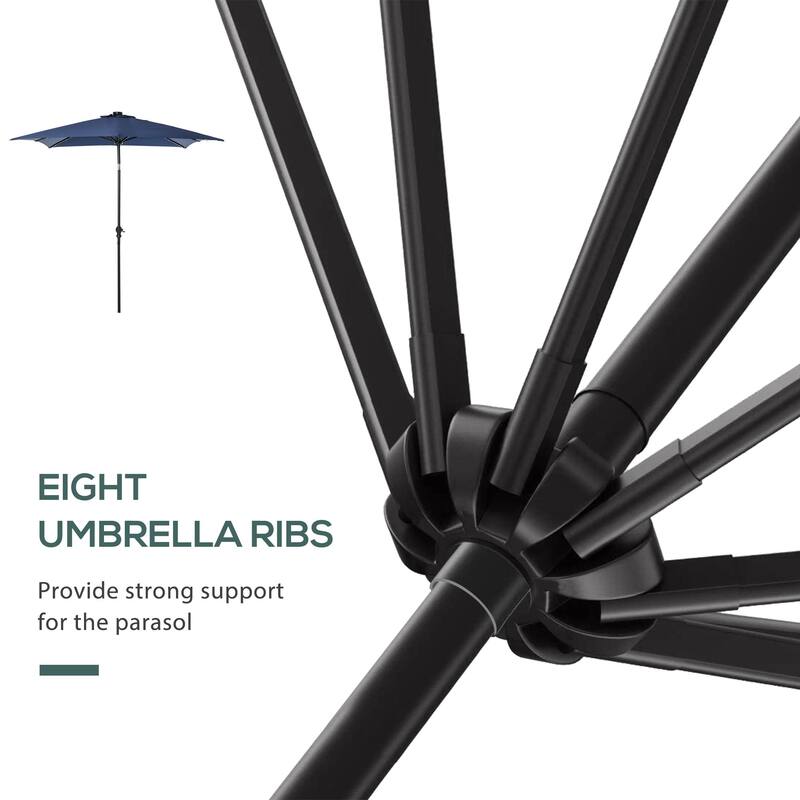 Outdoor terrace umbrella with tilting mechanism and LED lighting