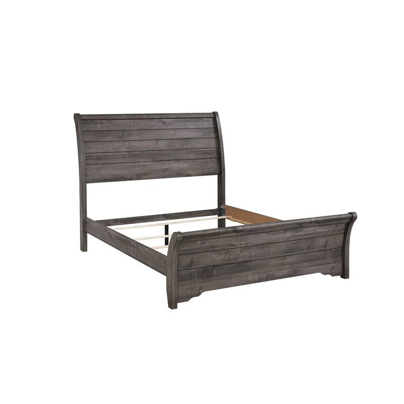 Contemporary Gray Queen Sleigh Bed with Horizontal Lines and Curved Headboard