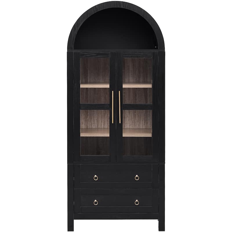 71"Tall Arched Kitchen Pantry Cabinet with 2 Large Drawers,Storage Cabinets with Adjustable Shelves,Glass Door,Wood Cupboard