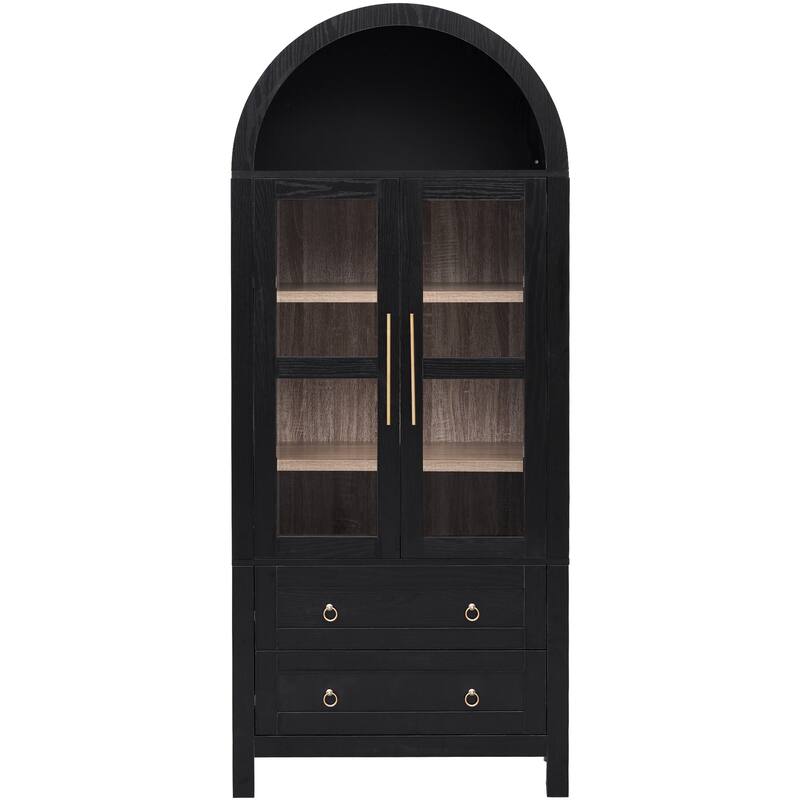 Anmytek 71" Arched Tall Pantry Cabinet, Glass Doors & 2 Drawers, Modern Farmhouse Storage Cupboard, Black