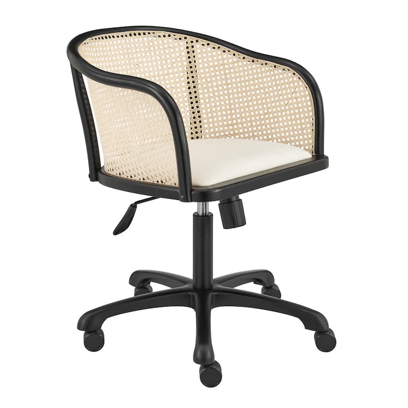 Beige and Black Solid Wood Steel And Cane Rattan Adjustable Swivel Rolling Office Chair - 22.5' X '33.5' X '26.5