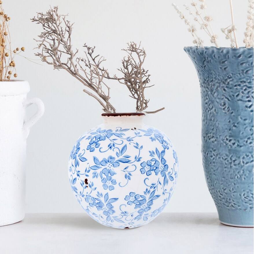 8"H Terracotta Vase with Floral Transferware Pattern & Crackle Finish
