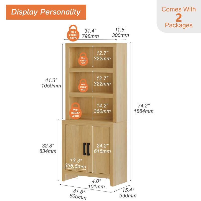 74" Tall Bookshelf with Door, Farmhouse Bookcase with Adjustable Shelf and Storage Cabinet for Living Room, Office