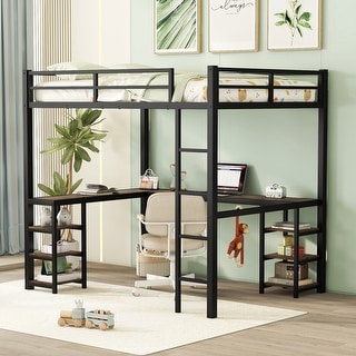 Full Metal Loft Bed with Desk and Shelves, L-Shaped Frame with Guardrails in Black