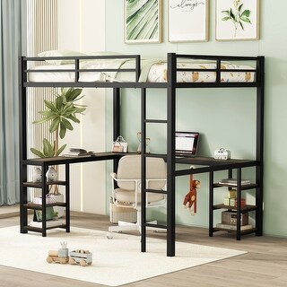 Full Size Metal Frame "L"Shaped Loft Bed with Desk and Shelves - Bed ...