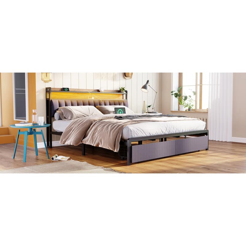 King Size LED Platform Bed Frame with Storage Headboard, USB Charging Station, and Drawers, Easy Assembly, Grey